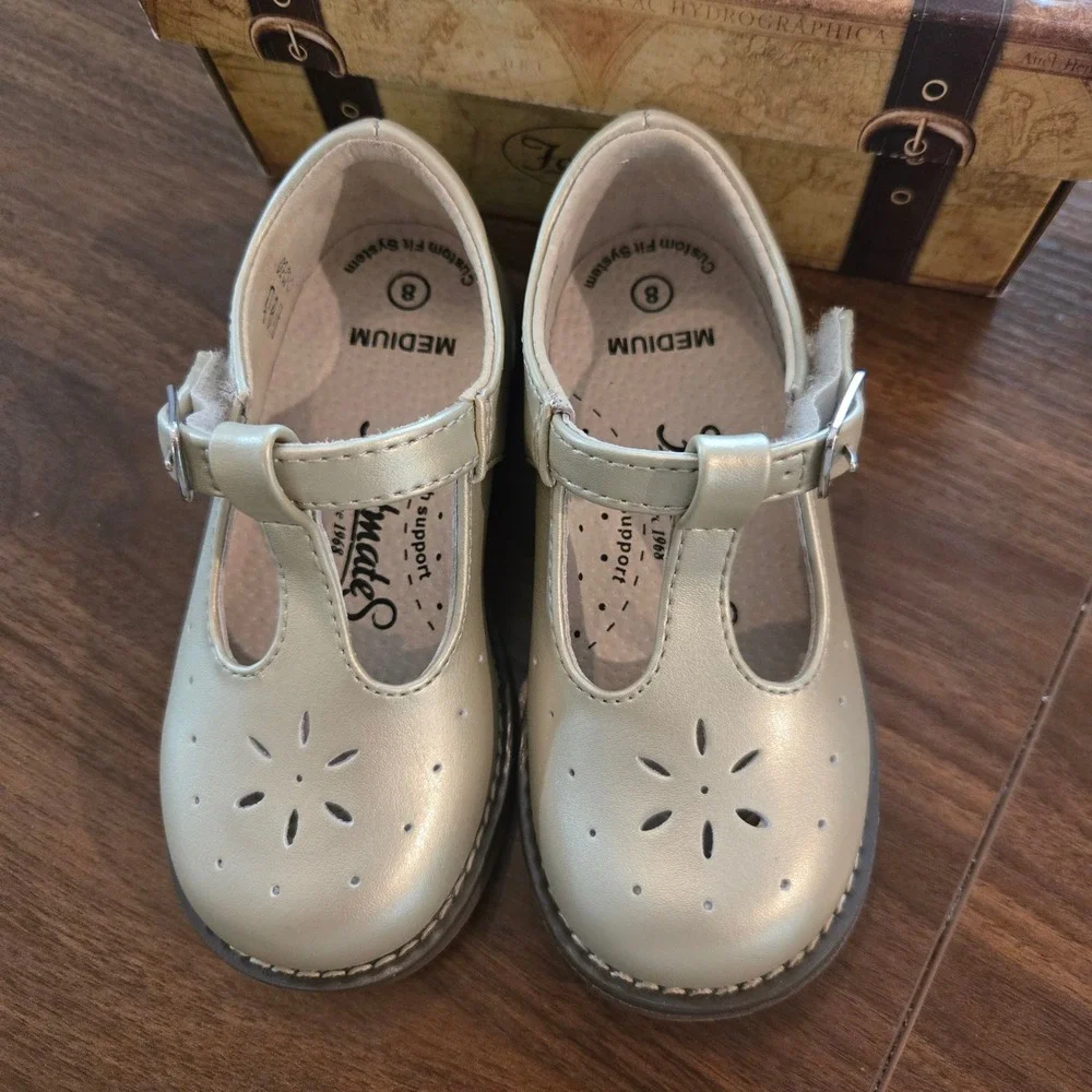 Footmates‎ Sherry Pearl Gold Leather T-Strap Mary Jane Shoes Kids 8 M/W 2534